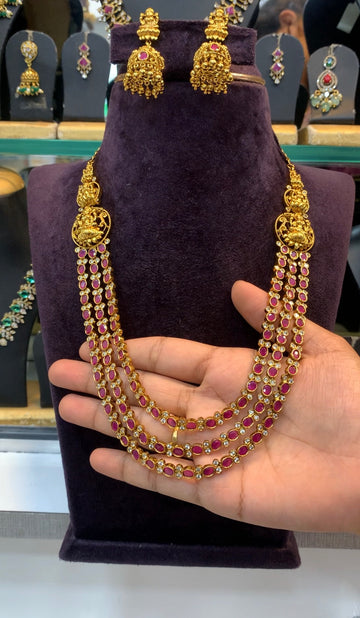 Beautiful ruby stone 3 layers mini haram with pushback earrings