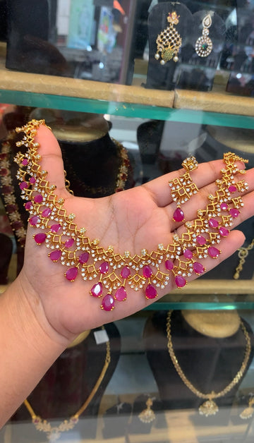 Beautiful ruby color CZ stones necklace with pushback earrings