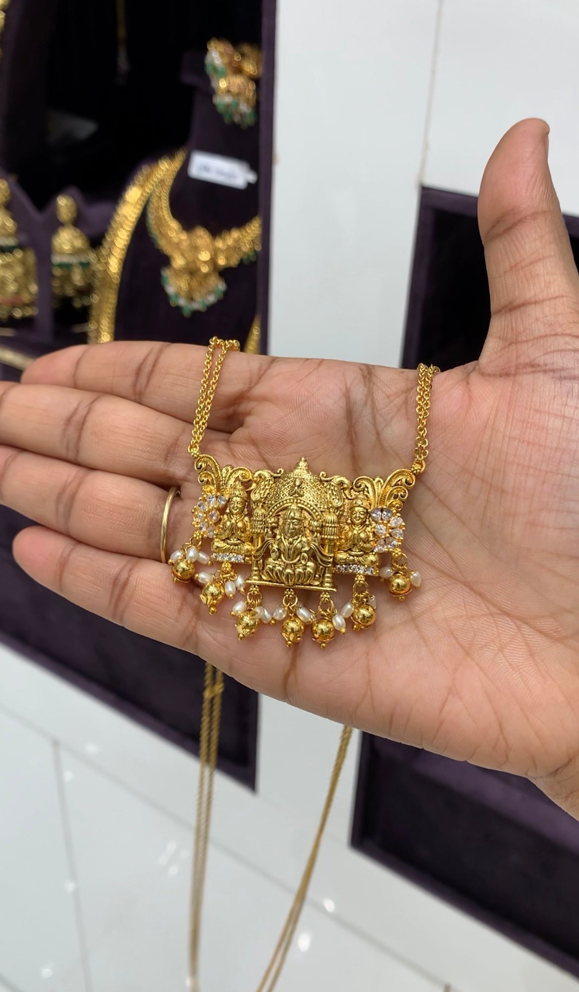 Beautiful Lakshmi devi pendent with chandraharam chain 24 inchs long