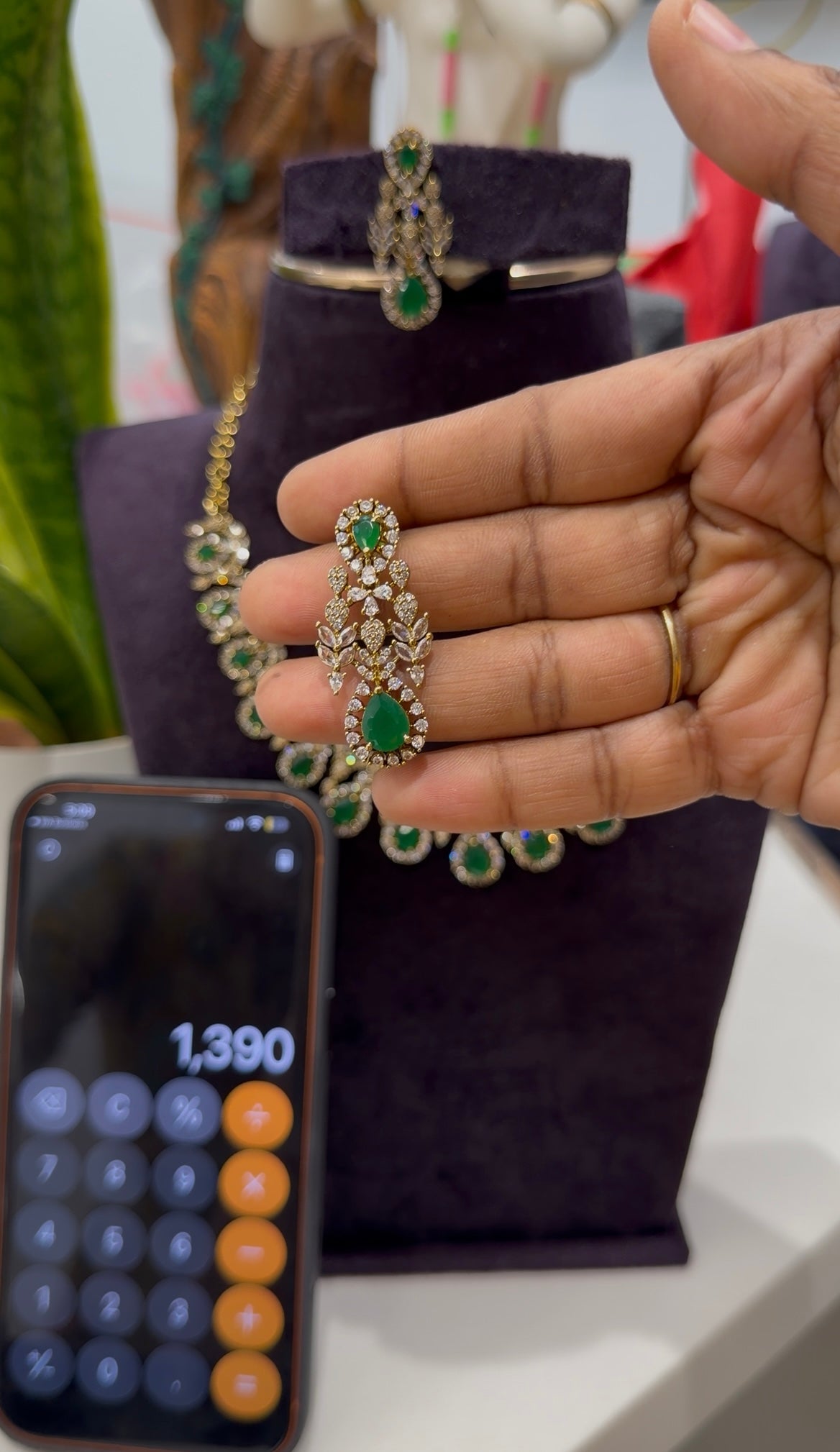 Beautiful green & white CZ stones necklace with pushback earrings