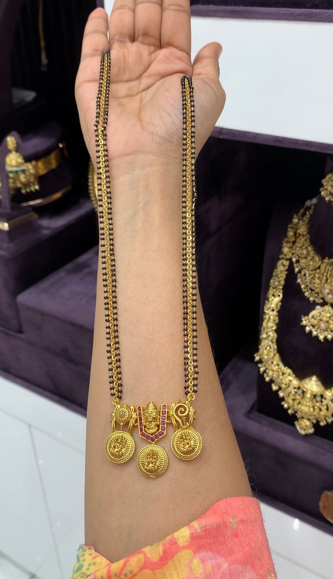 Beautiful Venkateswara swamy namam pendent with chandraharam & blackbeads chain 24 inchs long