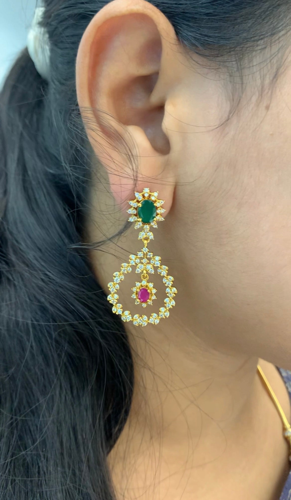 Beautiful CZ stones Chandbali model ear hangings with pushback