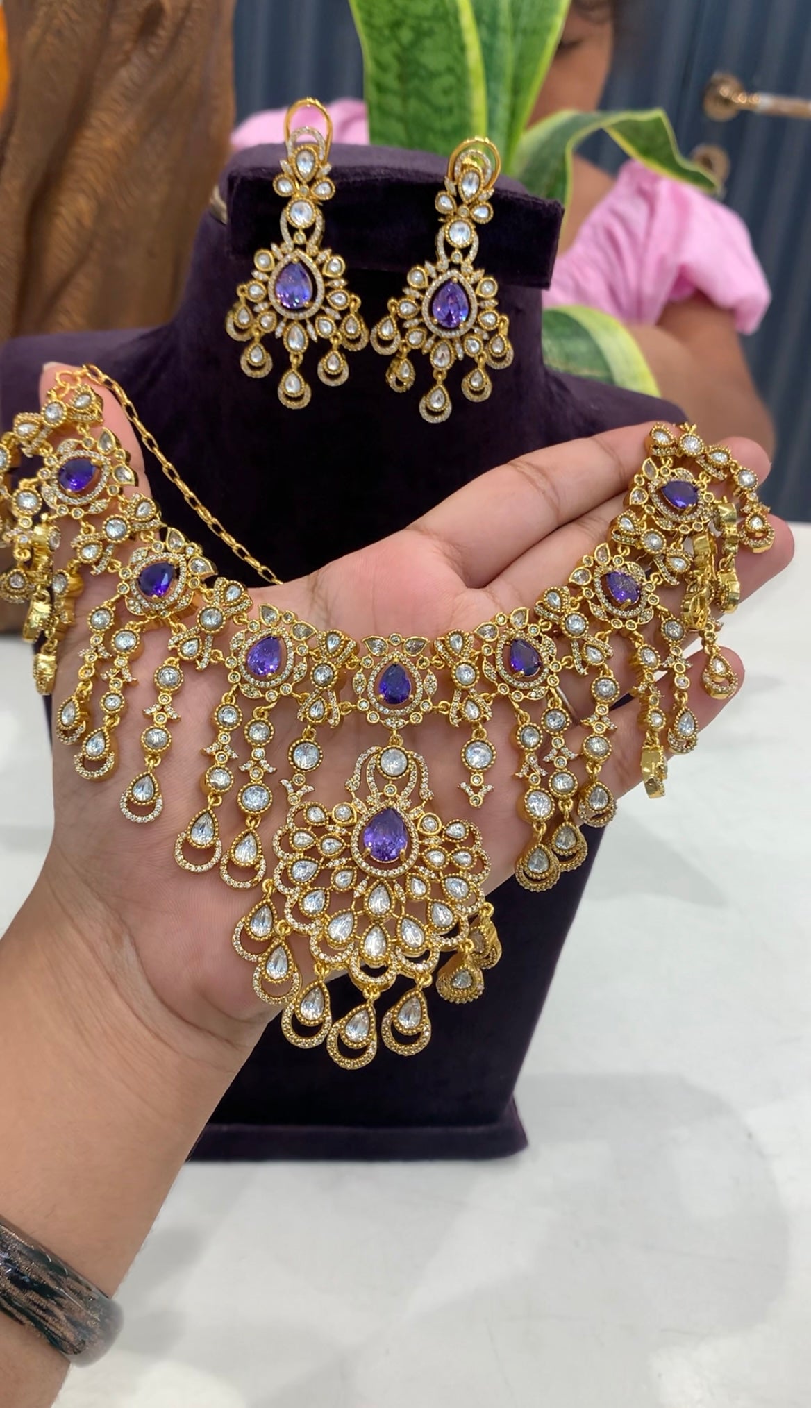Beautiful CZ stones purple colour neckset with pushback ear hangings