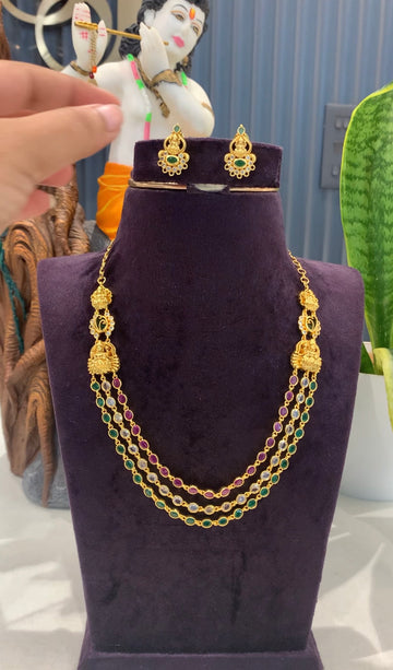 Beautiful multi color stones 3 layers necklace with pushback earrings