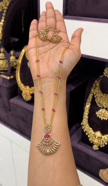 Beautiful pink color stone pendent set with handmaking chandraharam chain 18 inchs long
