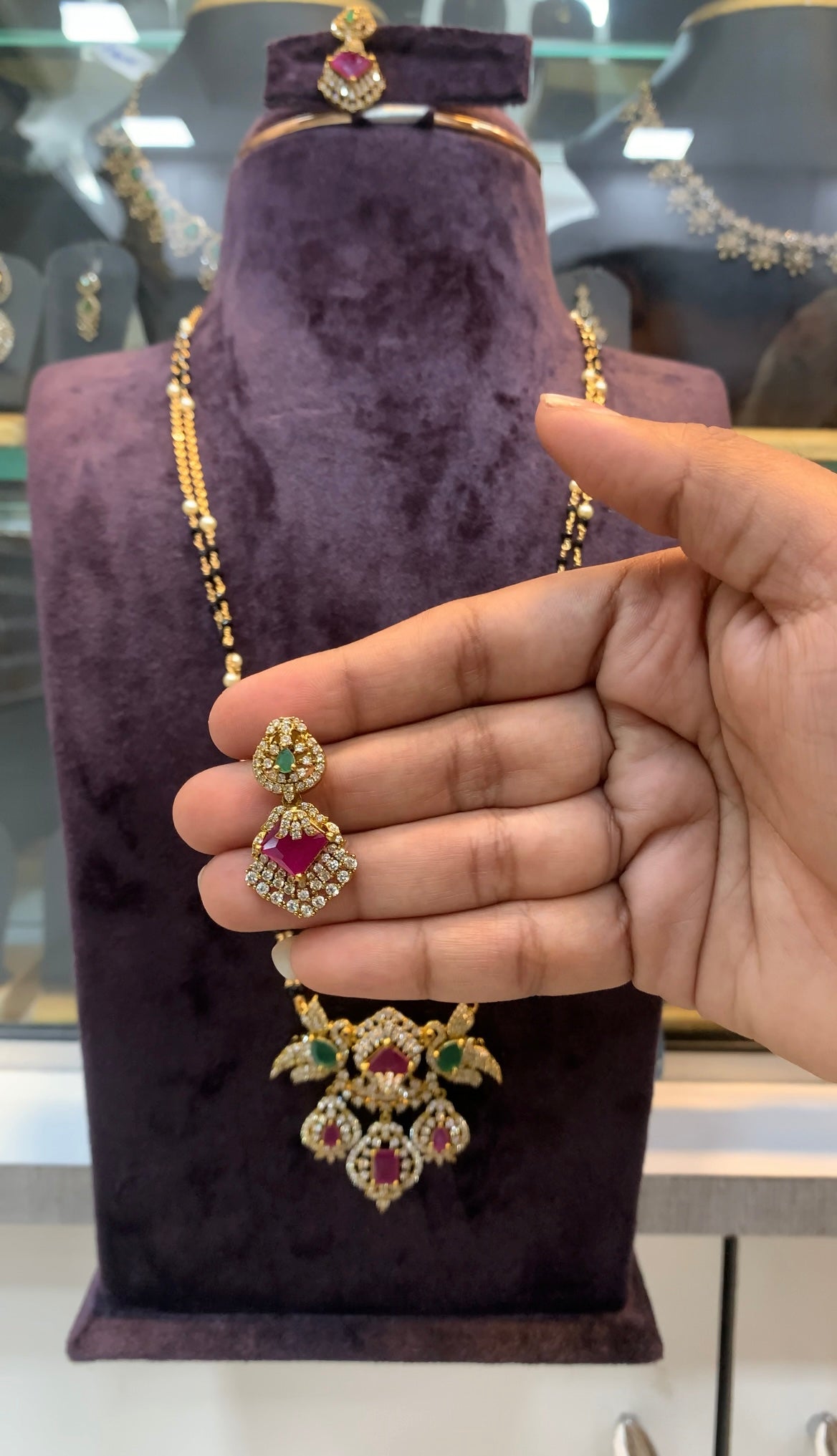 Beautiful CZ stones parrot design pendant with handmaking blackbeads & chandraharam chain 24 inchs long