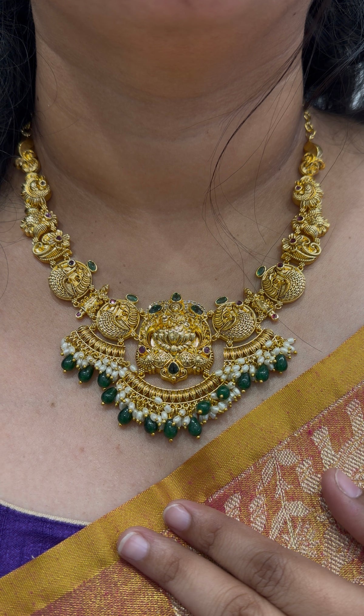 Beautiful Lakshmi devi & peacock design necklace with pushback earrings