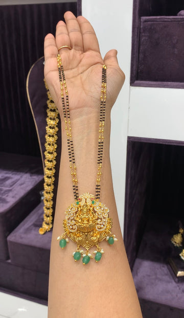 Beautiful Lakshmi devi & peacock design pendant with blackbeads chain 24 inchs long