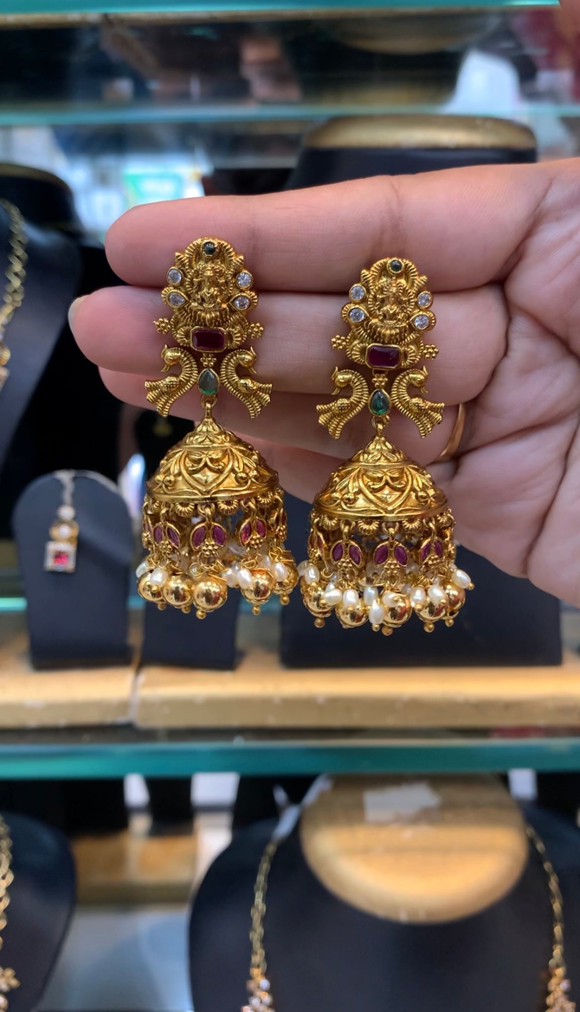 Beautiful Lakshmi devi pushback jumkis with gold balls