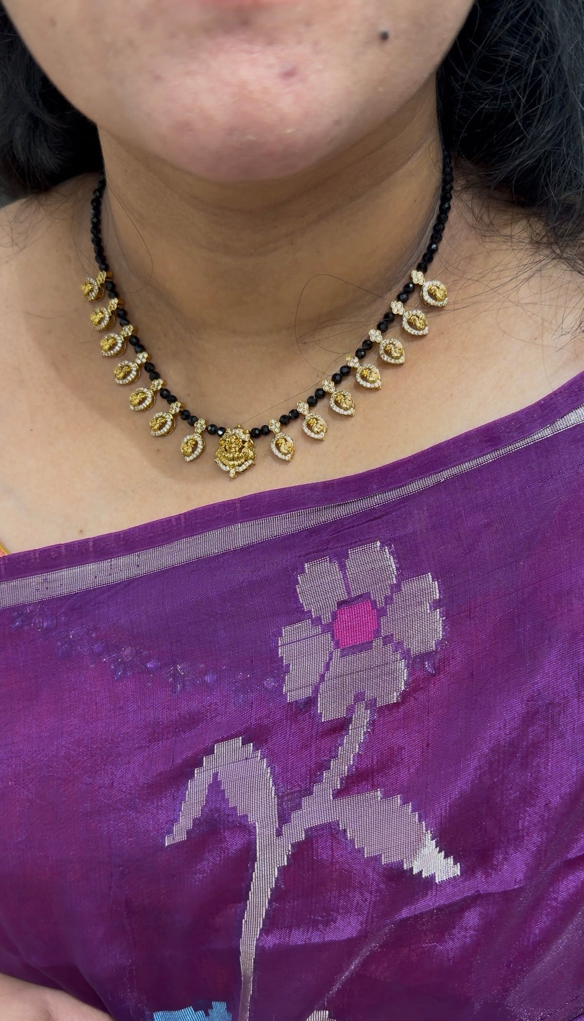 Beautiful Lakshmi devi & CZ stones kasula model neckset with pushback earrings