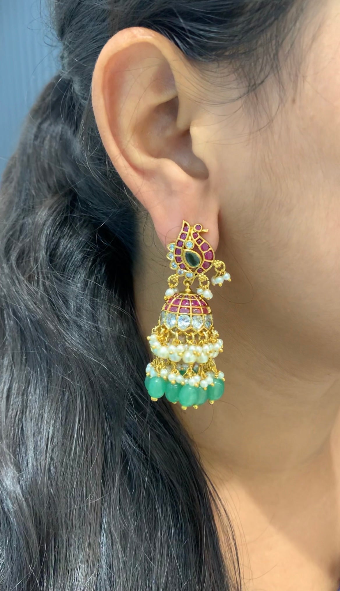 Beautiful peacock design pota stone pushback jumkis with beads finishing