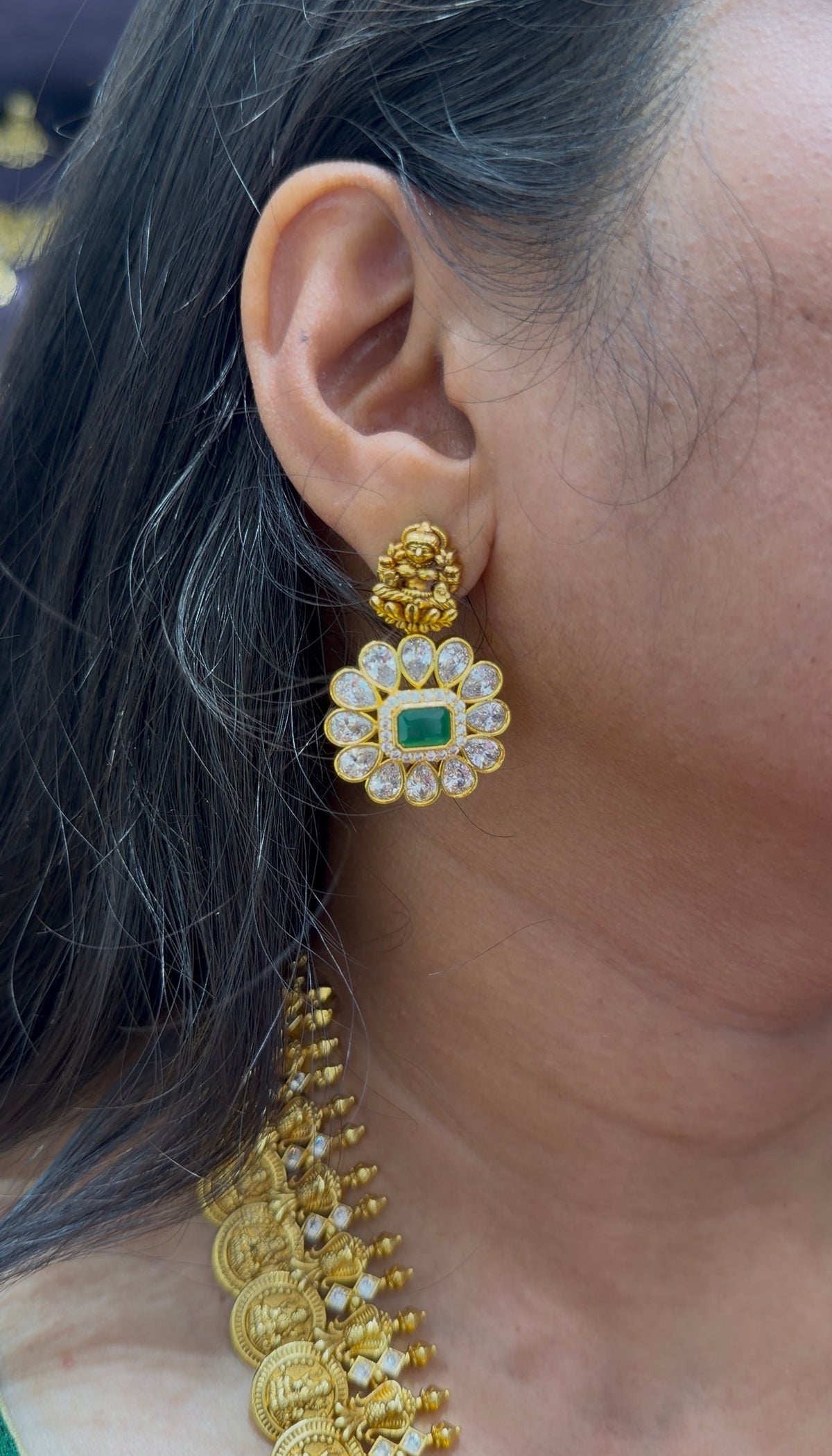 Long haram with kasulu lakshmi idol and screw back earrings