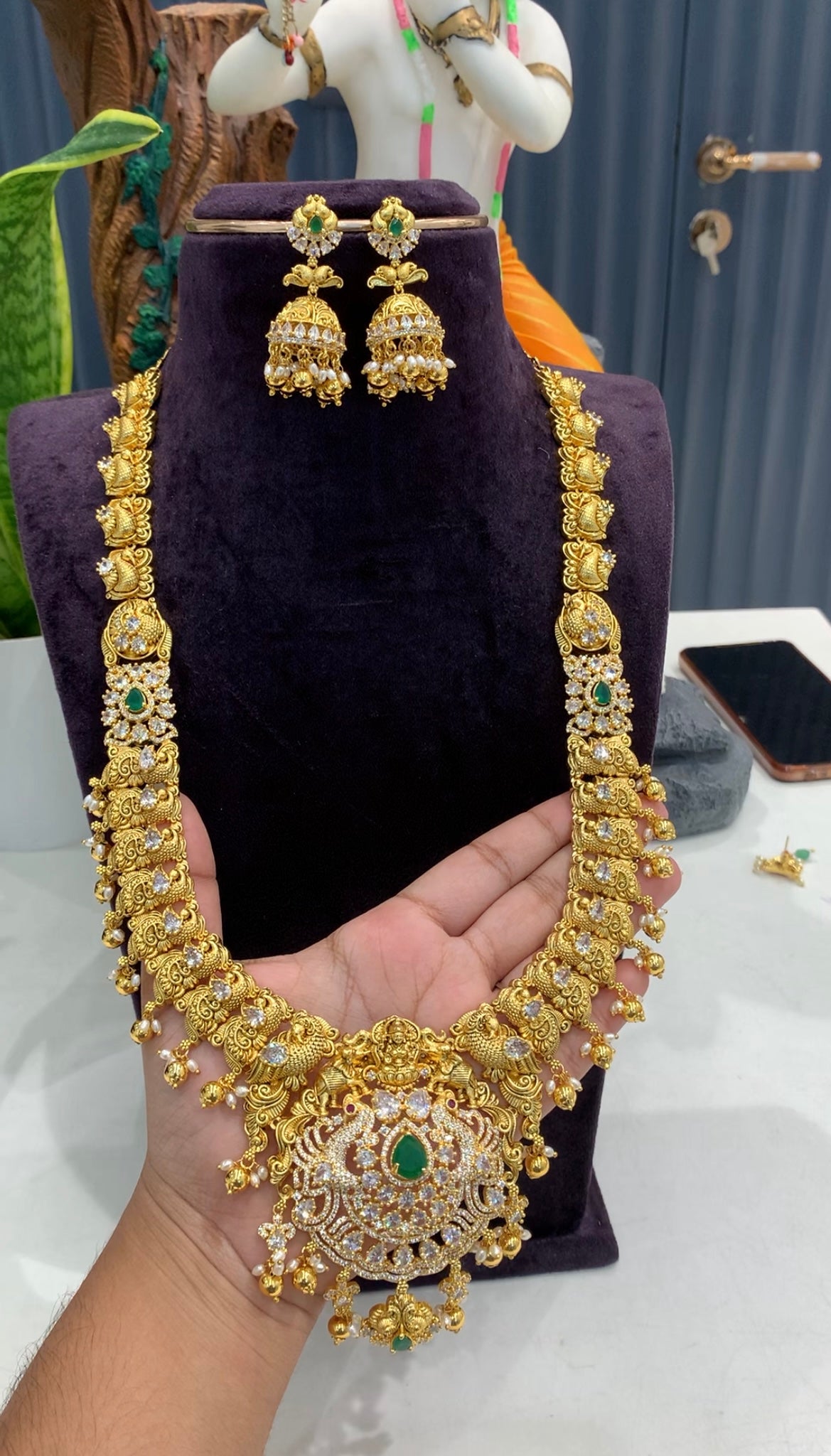 Beautiful CZ stones Lakshmi devi & peacock design long haram with pushback jumkis