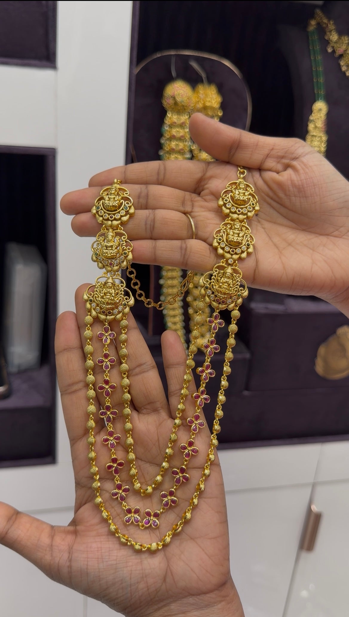 Beautiful pota stone & Lakshmi devi 3 layers necklace with pushback earrings