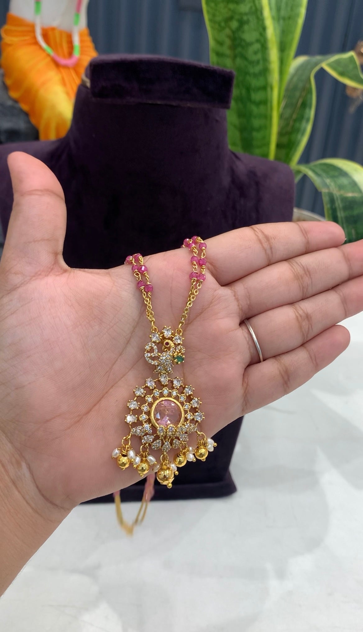 Beautiful peacock design pendant with handmaking chandraharam & beads chain 18 inchs long