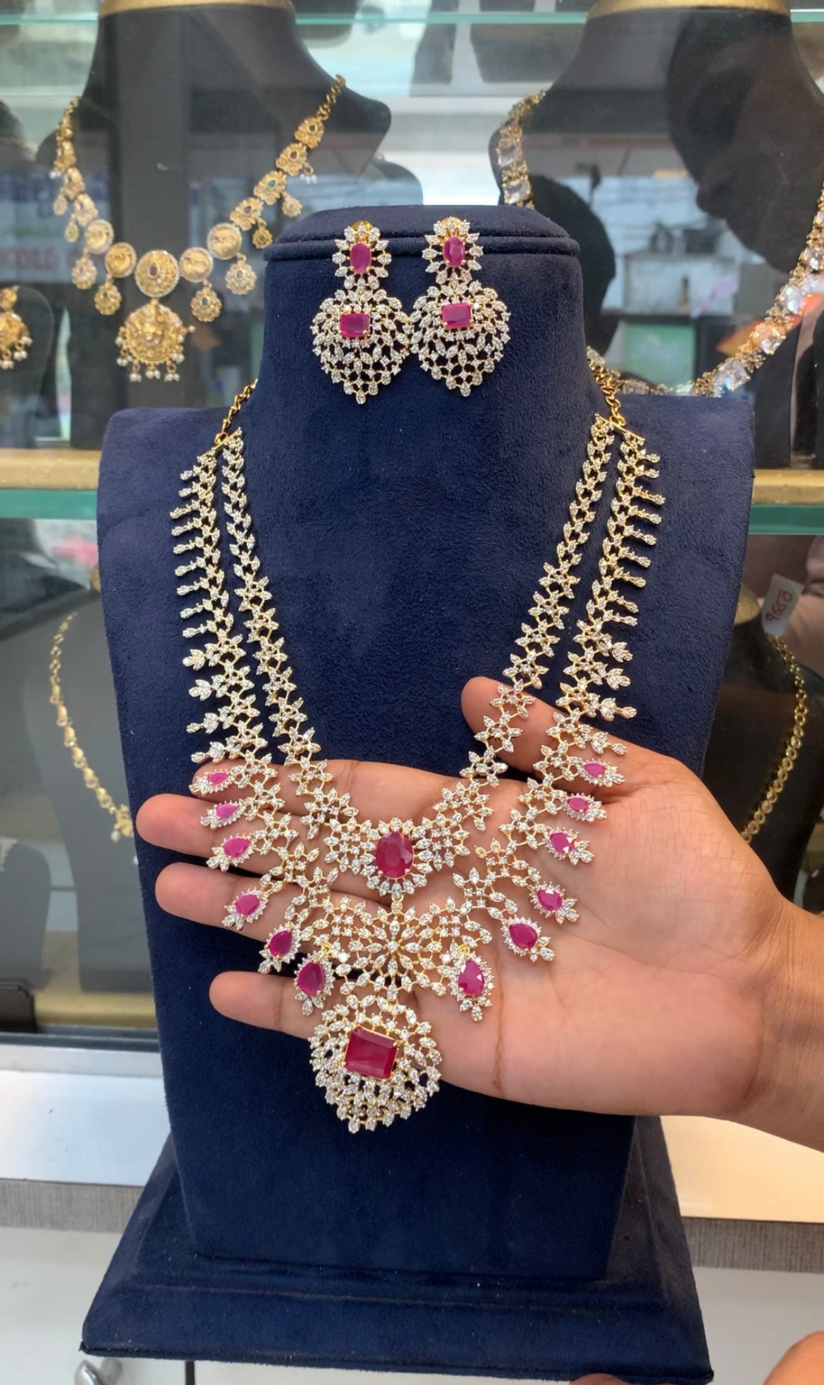 Beautiful pink & ruby 2 layers GJ polish haram with pushback earrings