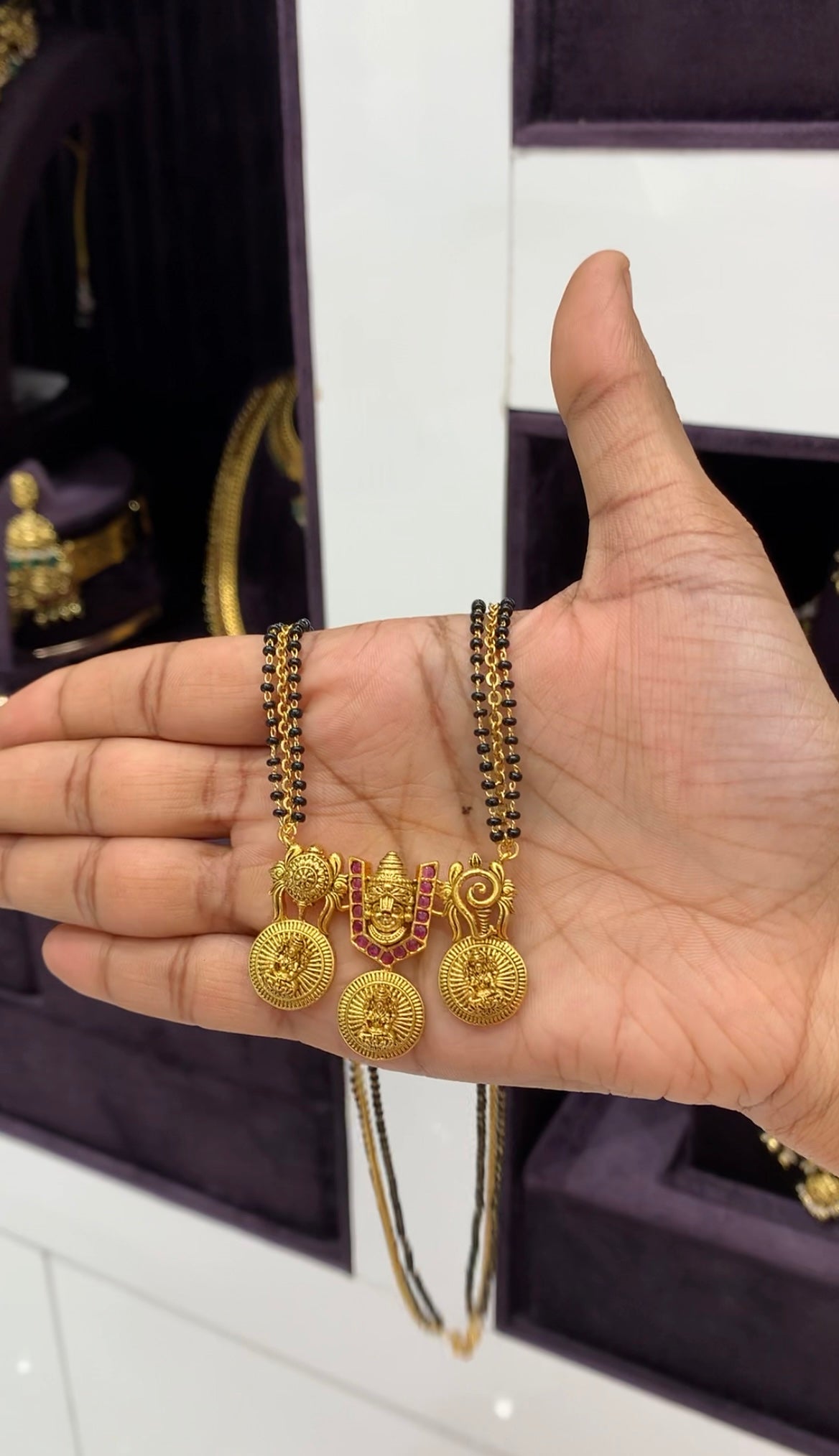 Beautiful Venkateswara swamy namam pendent with chandraharam & blackbeads chain 24 inchs long