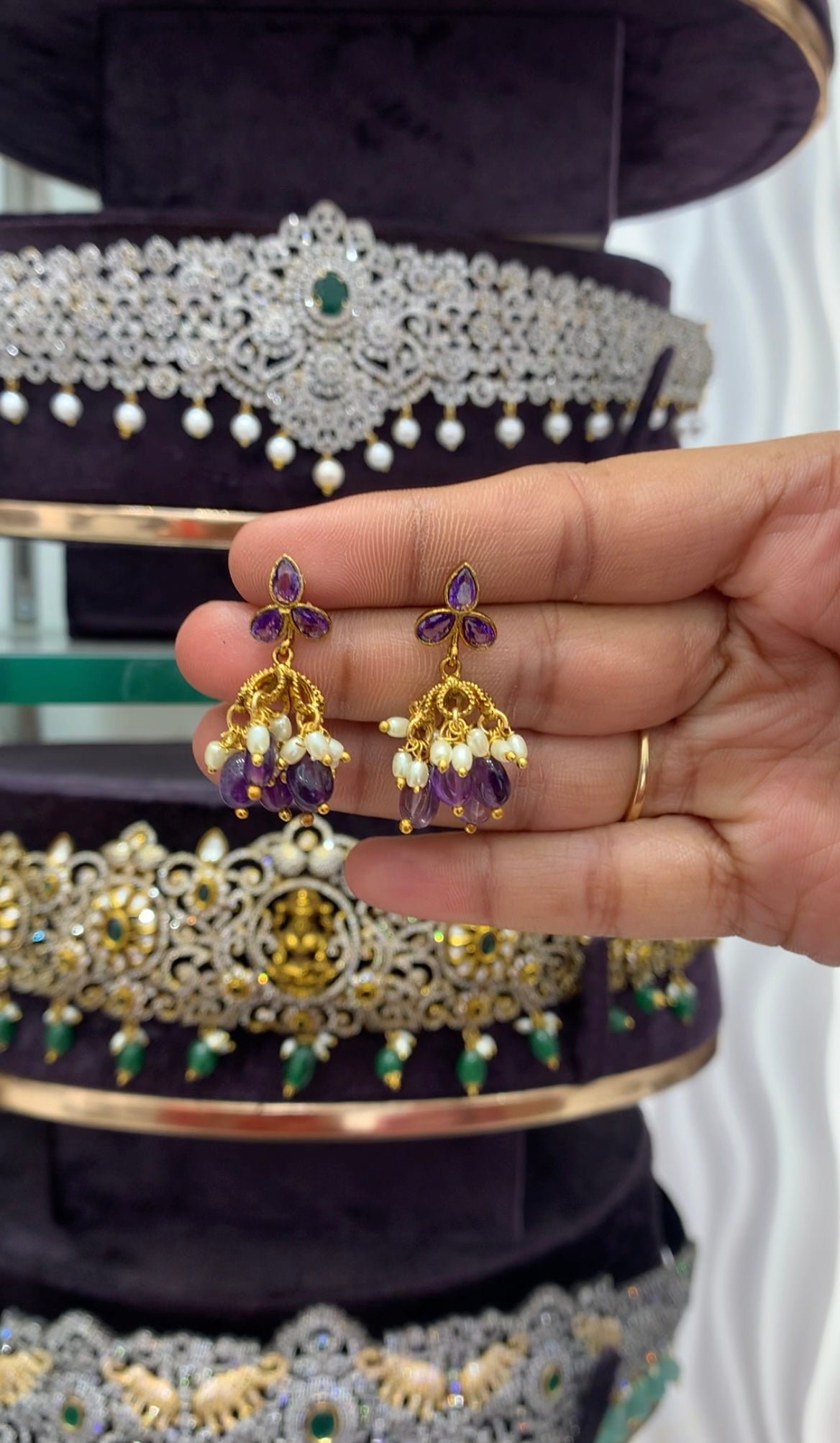 Beautiful purple color stone pushback jumkis with beads finishing