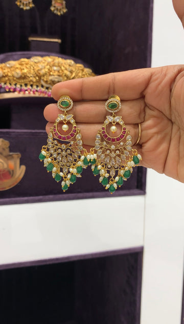 Chandhbali earrings with green beads