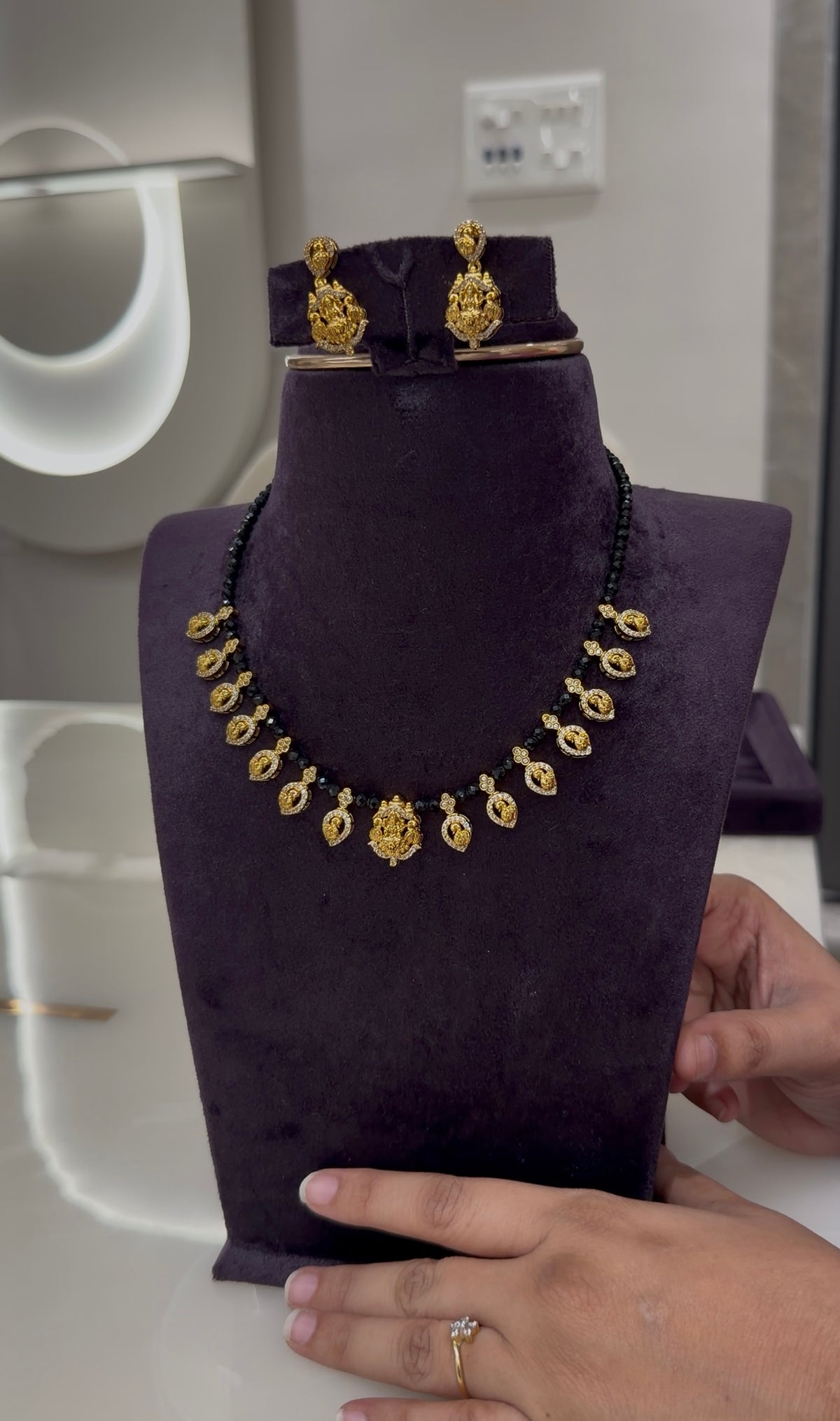 Beautiful Lakshmi devi & CZ stones kasula model neckset with pushback earrings