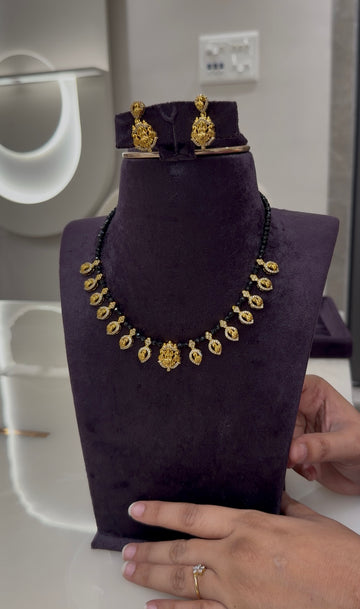 Beautiful Lakshmi devi & CZ stones kasula model neckset with pushback earrings