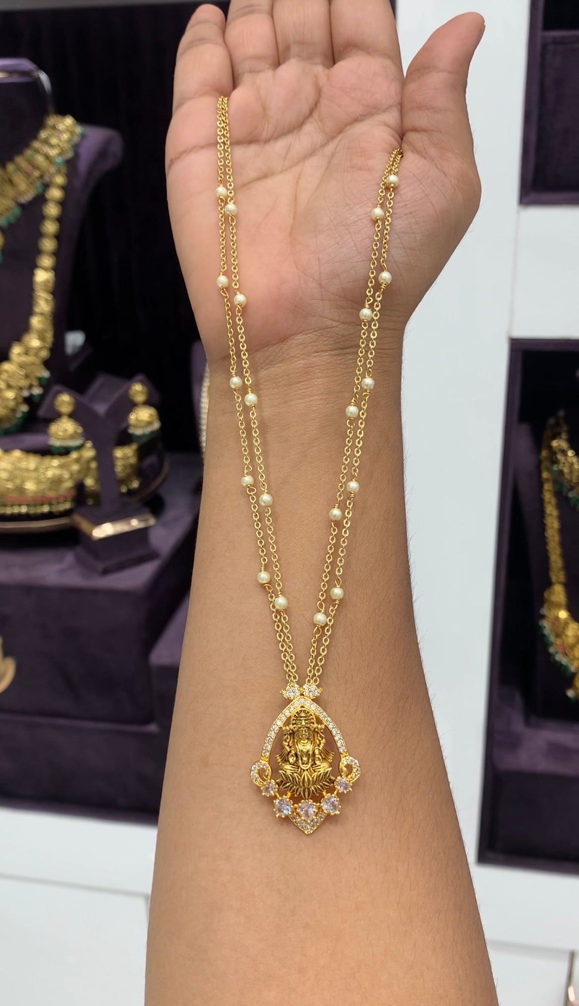 Beautiful Lakshmi devi locket with handmaking chandraharam & pearls 2 layers chain 18 inchs long