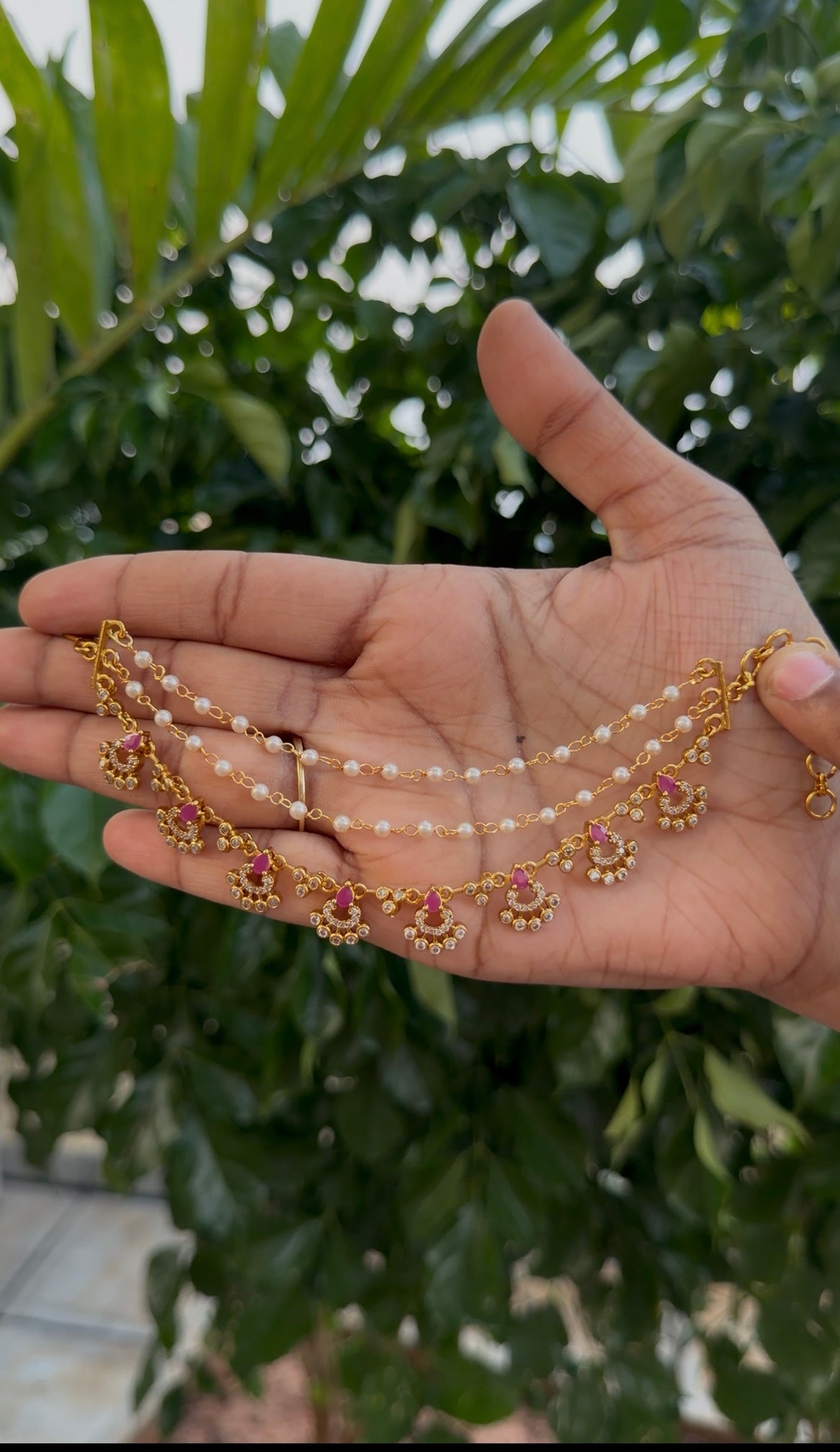 Beautiful ruby stone & pearls 3 layers champaswaralu
