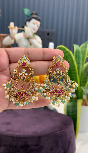 Beautiful pota stone Chandbali ear hangings with pushback