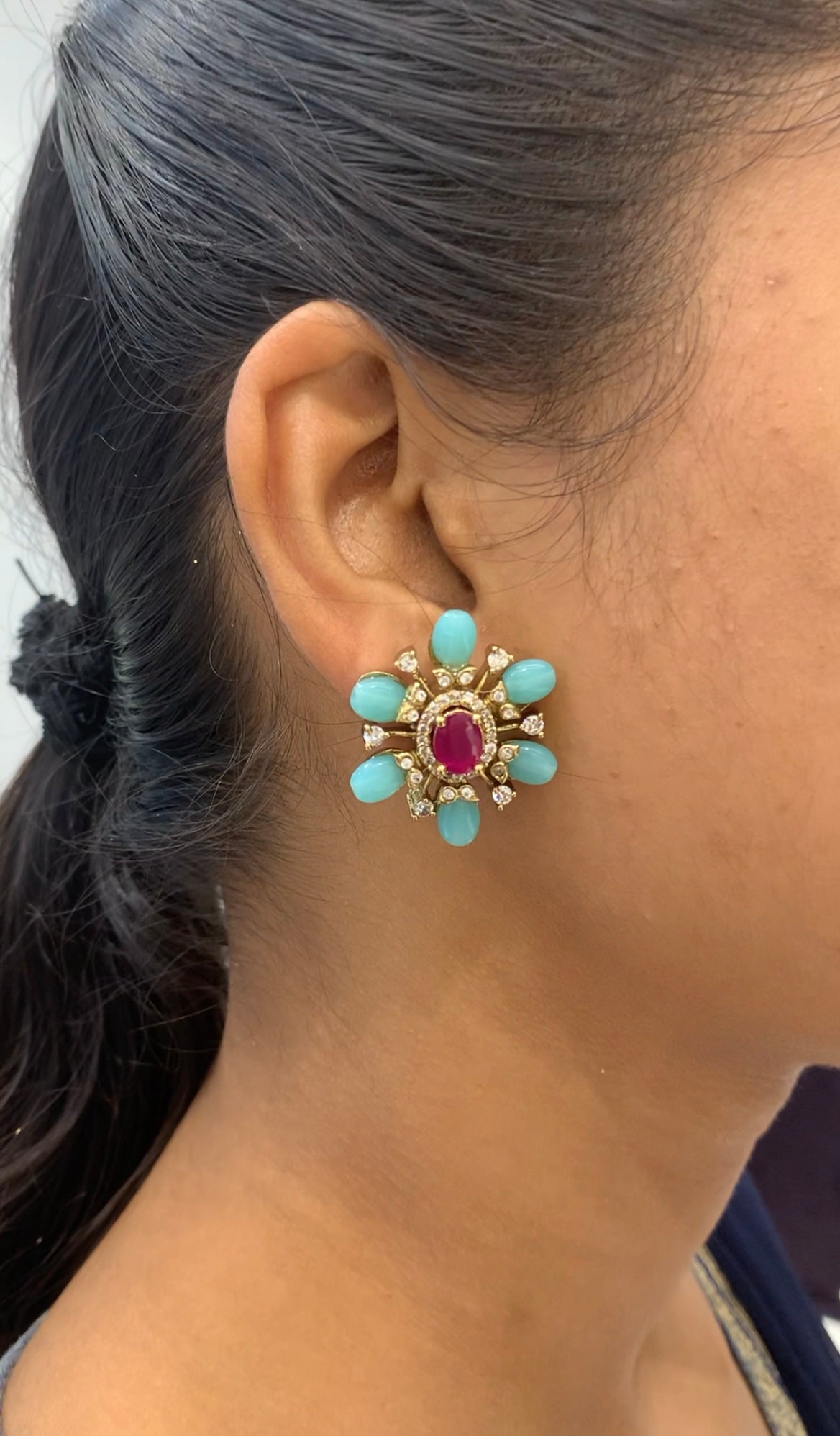 Beautiful CZ stone &  beads studs with pushback