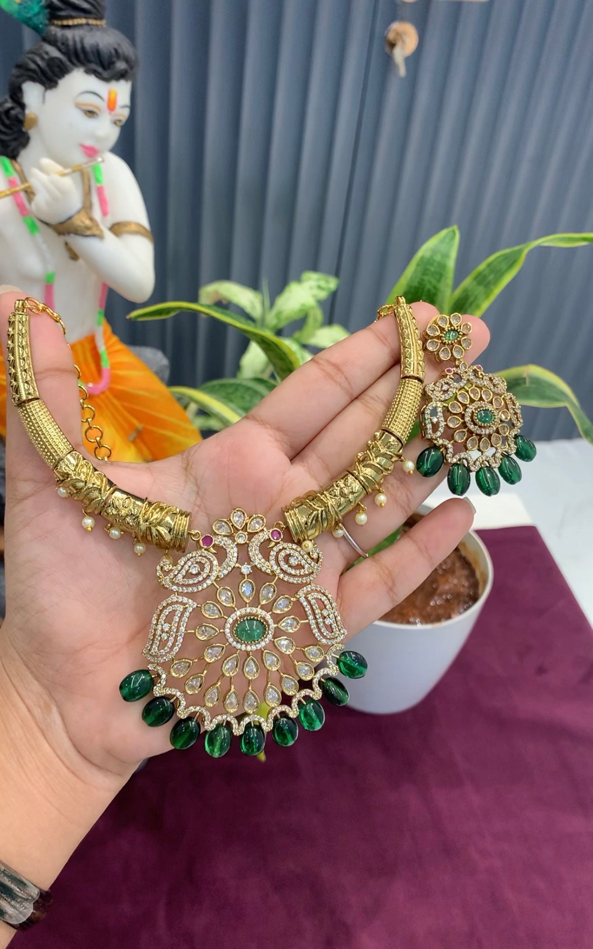 Beautiful peacock design kanti necklace with pushback earrings