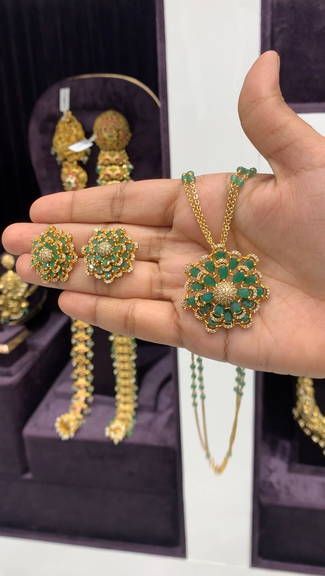 Beautiful green stone pendant set with handmaking beads & chandraharam chain 18 inchs long