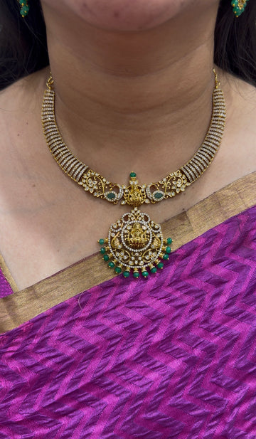 Beautiful Lakshmi devi & CZ stones kanti model necklace with pushback earrings