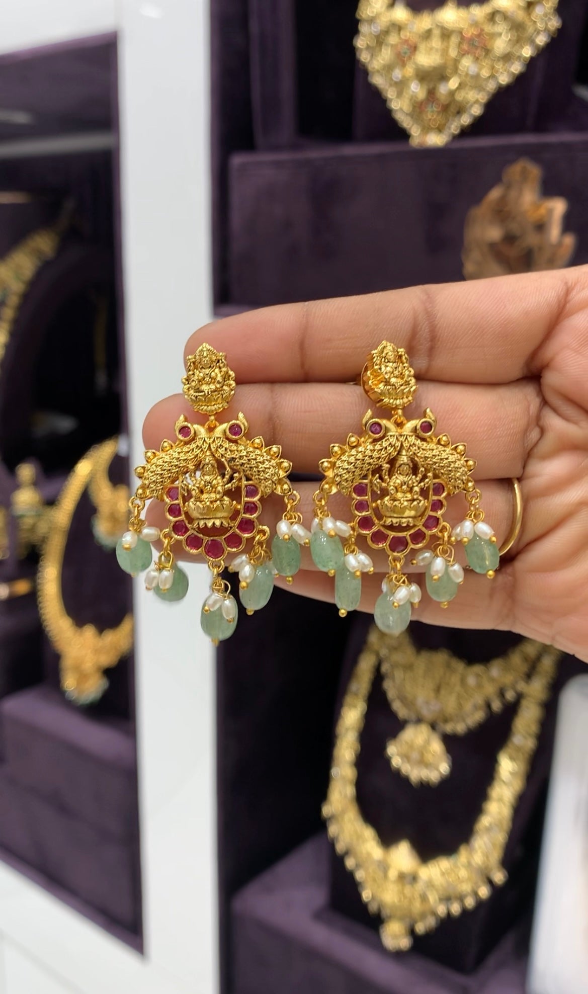 Beautiful pota stone & peacock design ear hangings with pushback