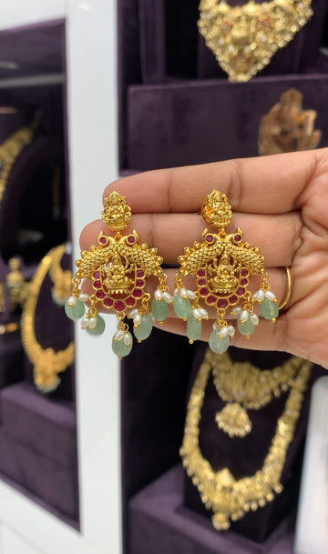 Beautiful pota stone & peacock design ear hangings with pushback