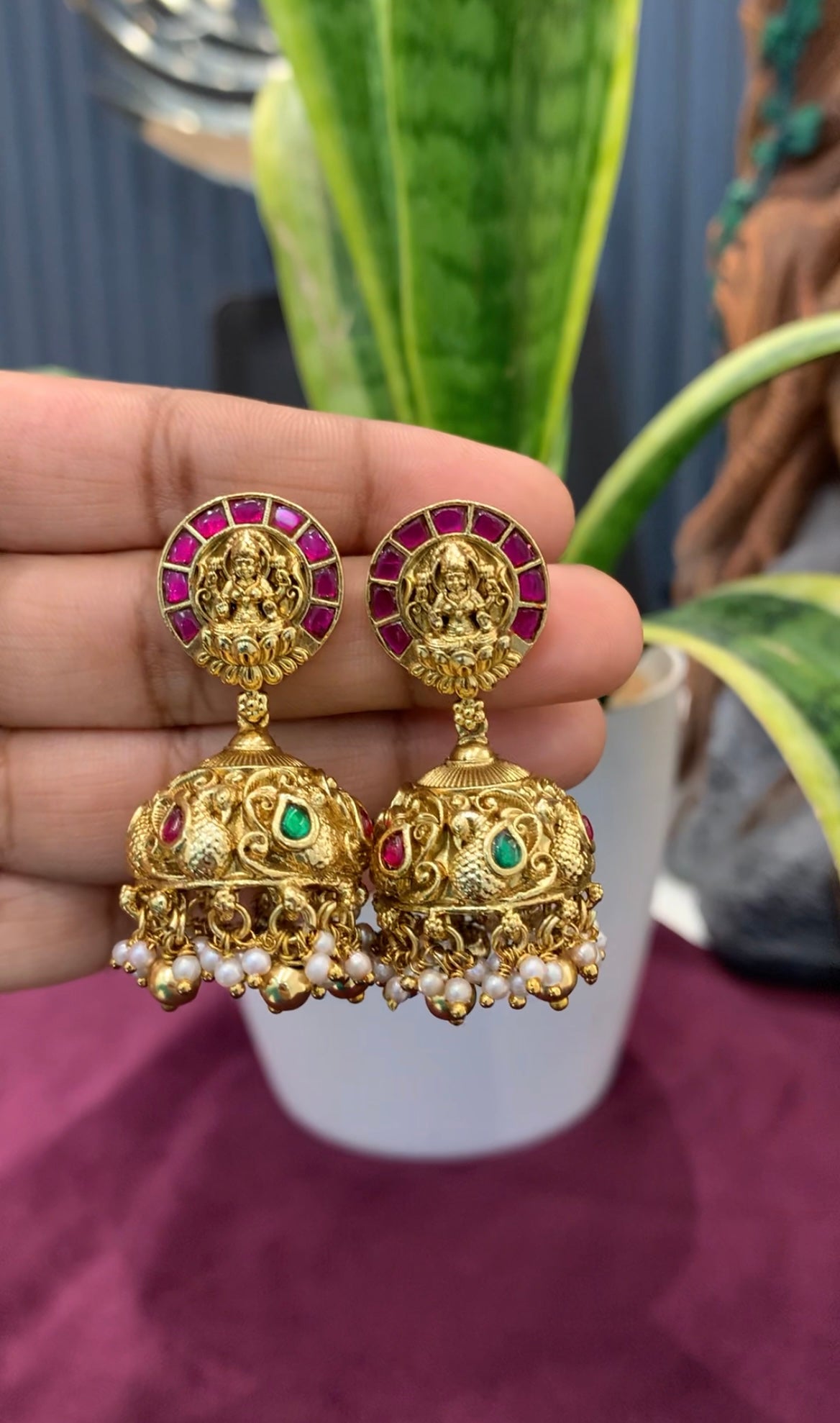 Beautiful jadau stone Lakshmi devi jumkis with pushback