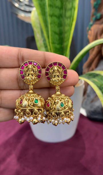 Beautiful jadau stone Lakshmi devi jumkis with pushback