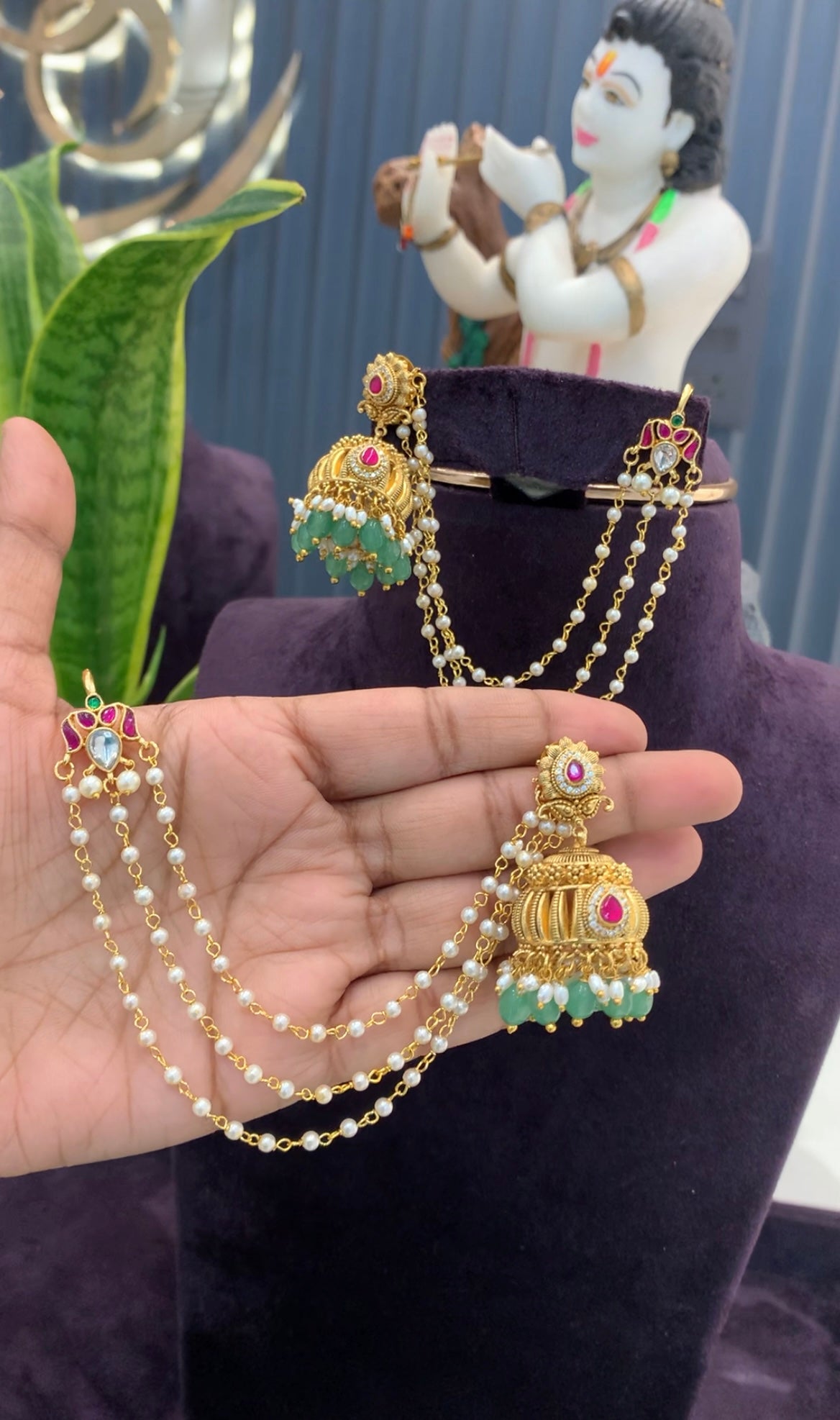 Beautiful jadau kundhan bugadi 3 layers pearls champaswaralu