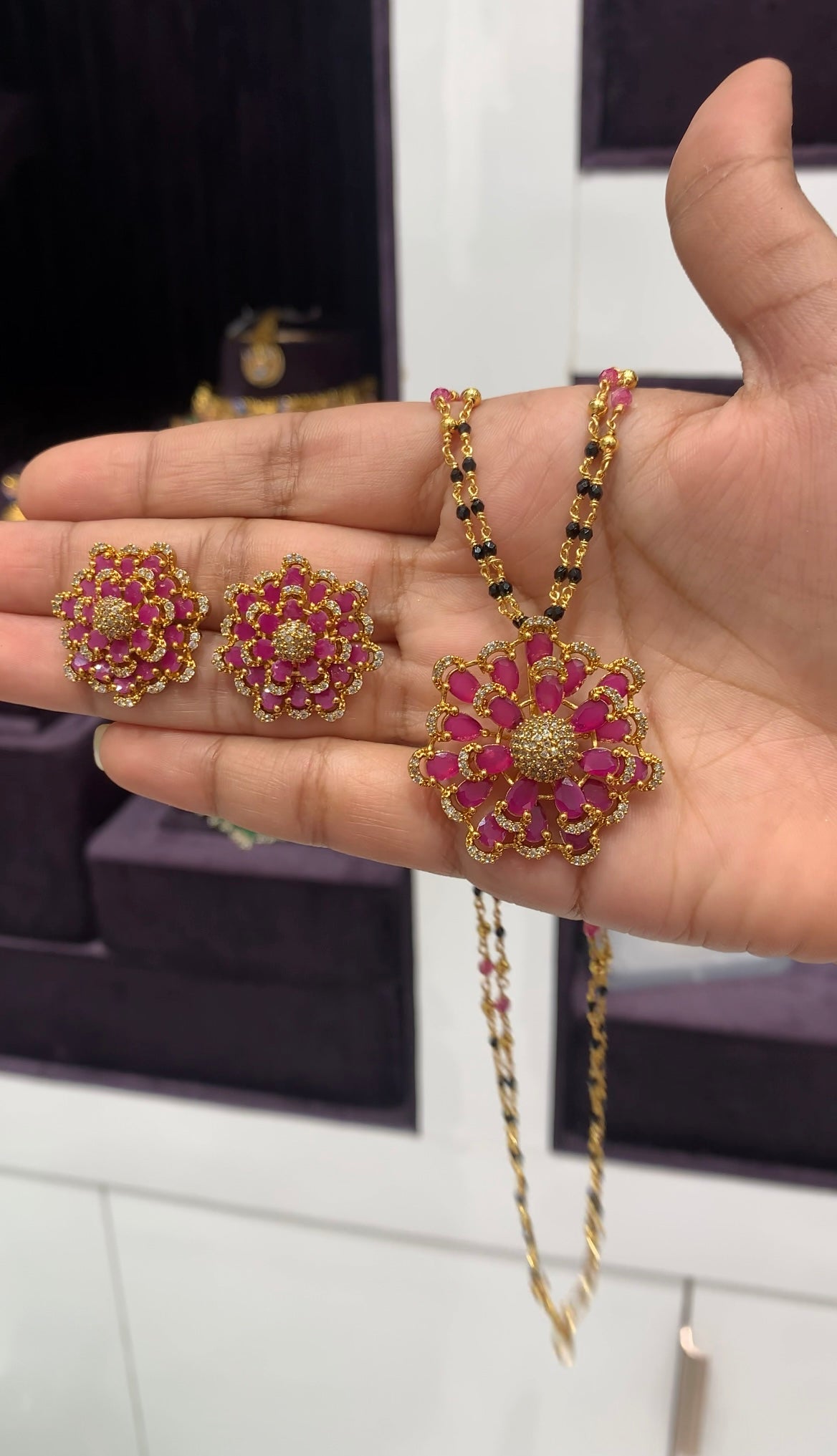Beautiful ruby stone pendant set with blackbeads chain 18 inchs long