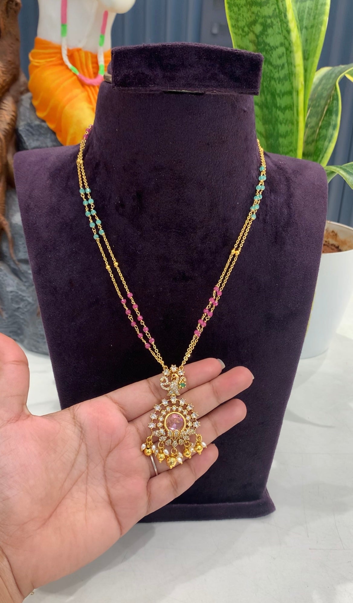 Beautiful peacock design pendant with handmaking chandraharam & beads chain 18 inchs long