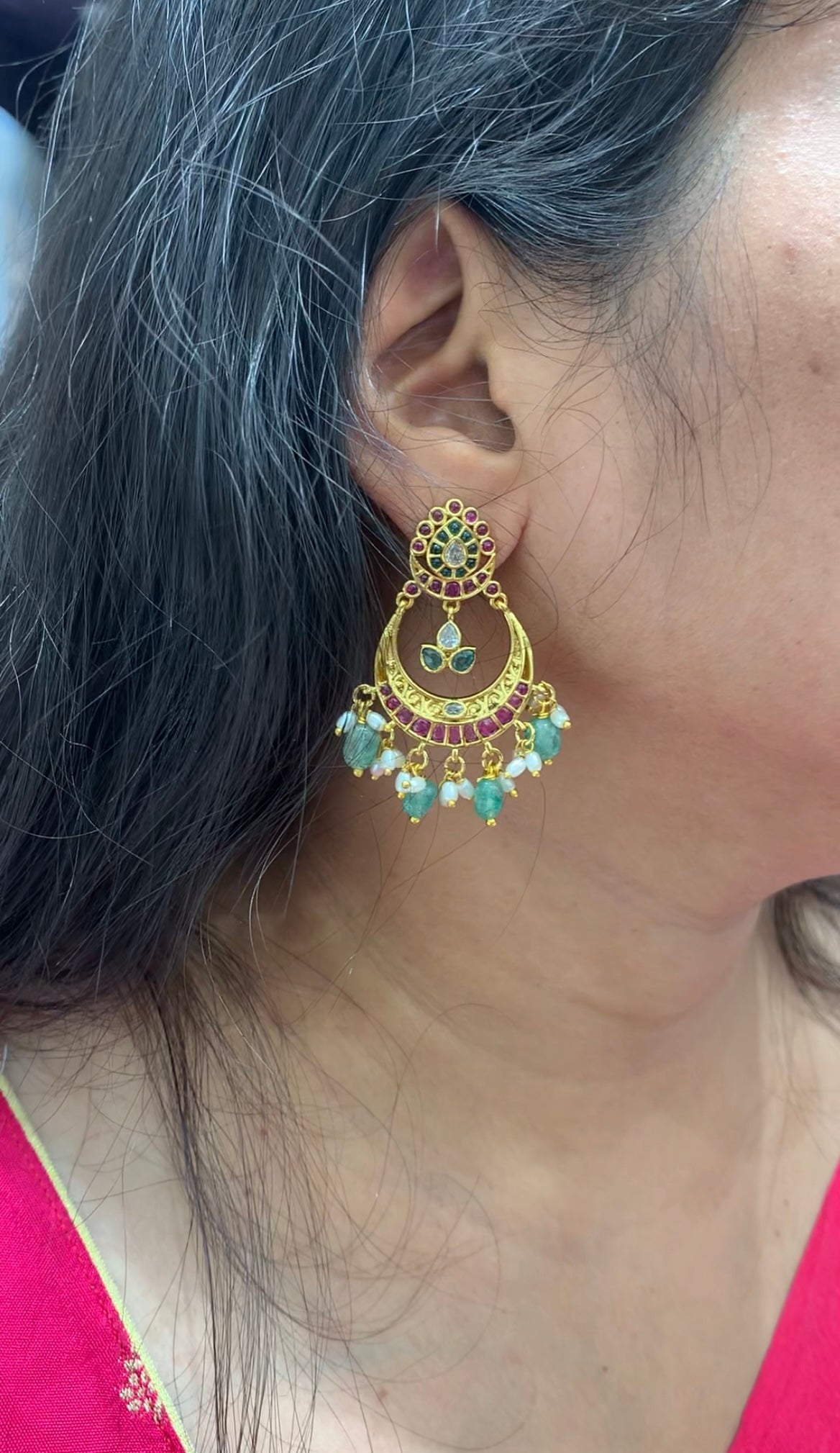 Beautiful pota stone Chandbali earrings with pushback
