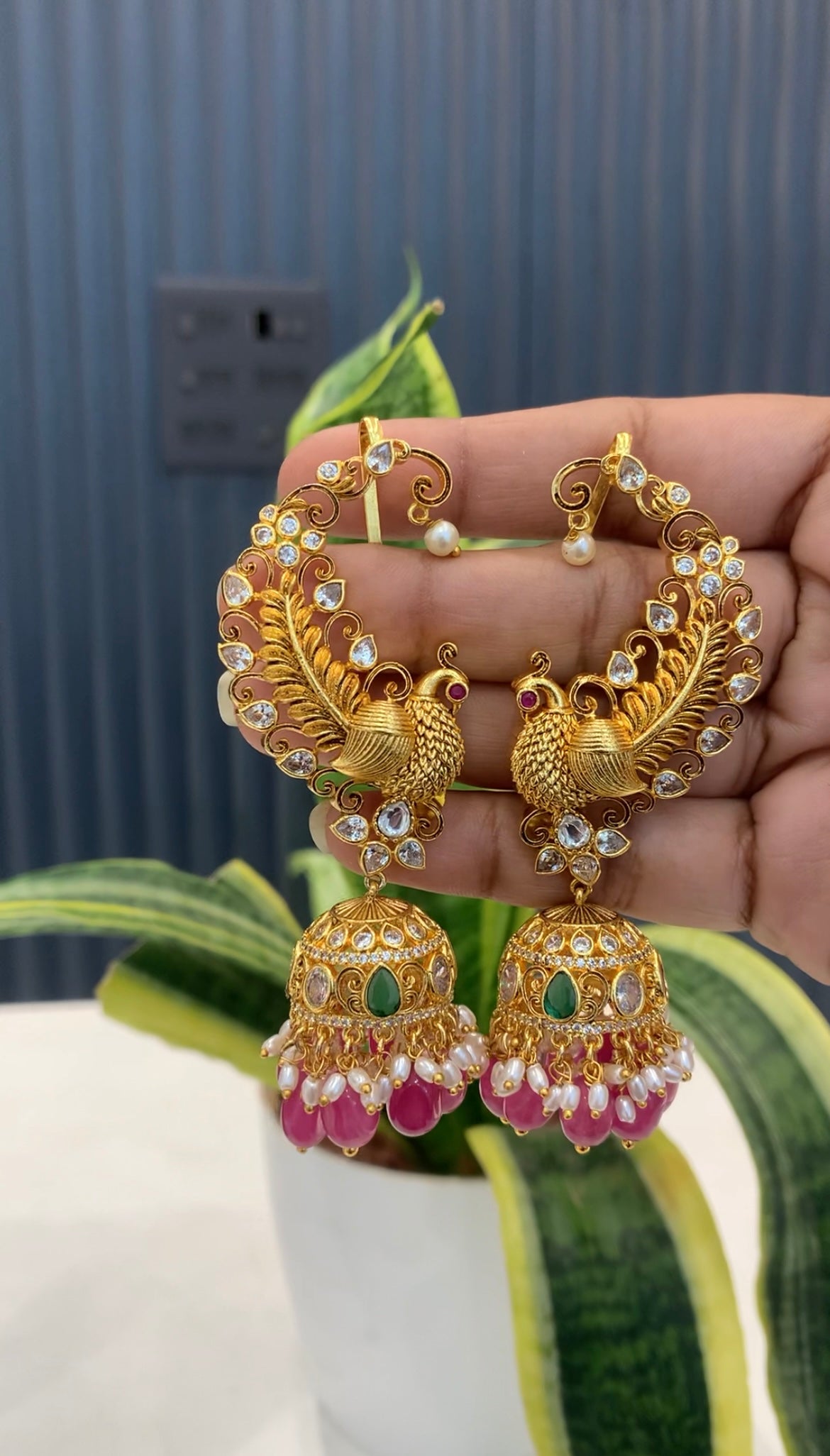 Beautiful peacock design Earcuffs with pink beads