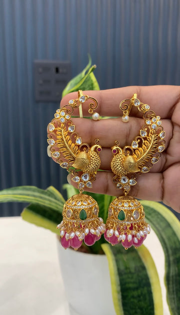 Beautiful peacock design Earcuffs with pink beads