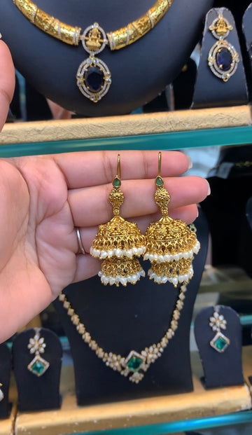 Beautiful hangable green stone 2 step jumkis with rice pearls
