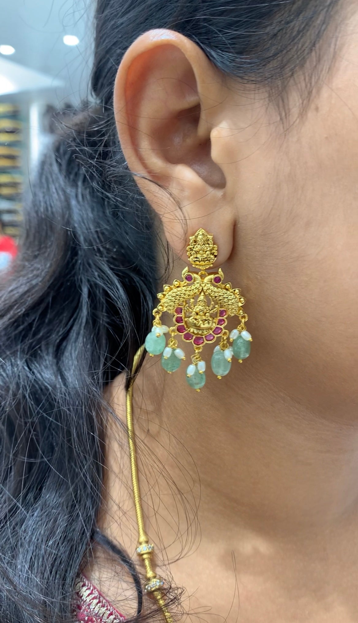Beautiful pota stone & peacock design ear hangings with pushback