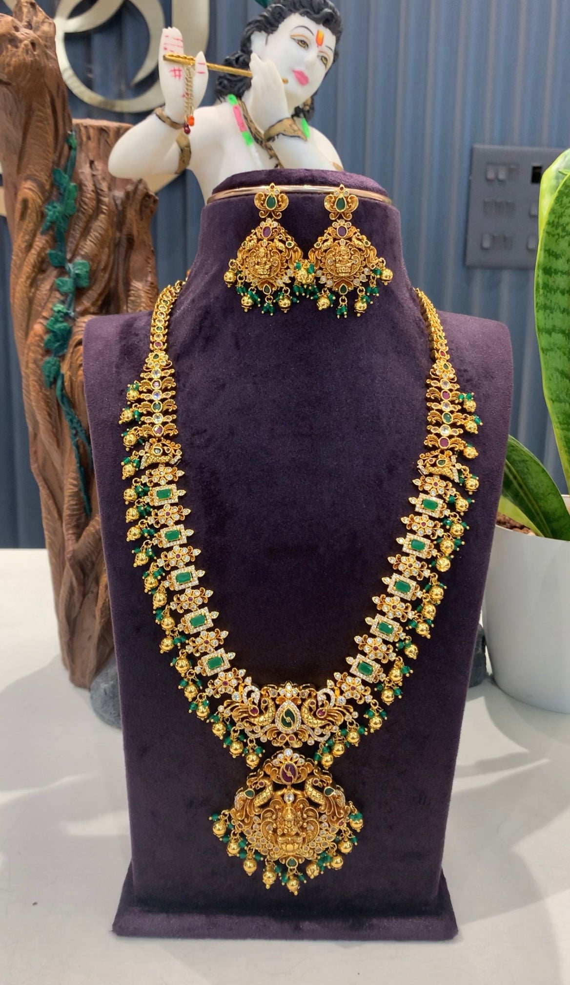 Beautiful Green colour CZ stones long haram with screwback earrings