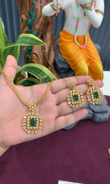 Beautiful green stone nanpatti model necklace with pushback earrings