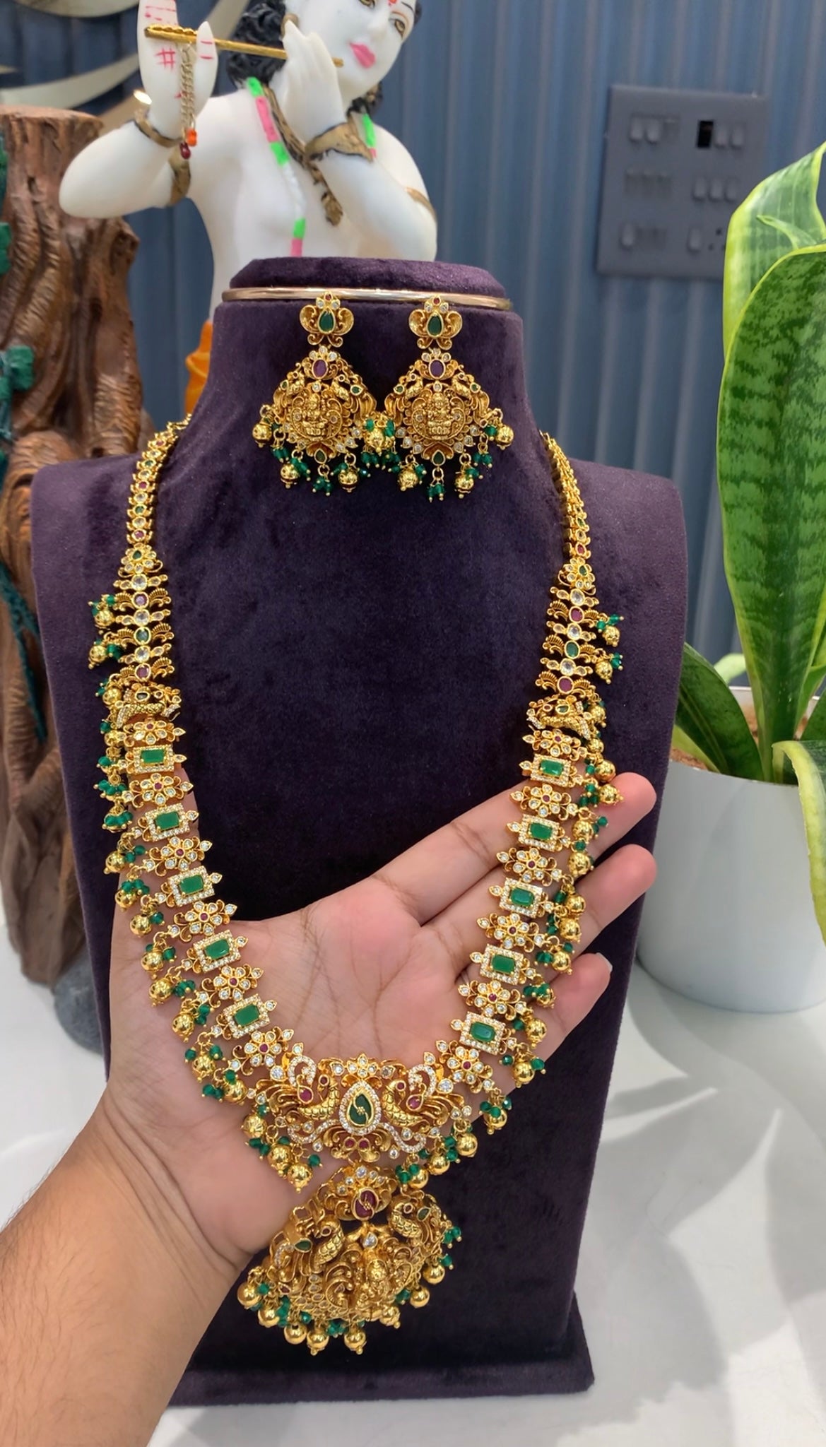 Beautiful Green colour CZ stones long haram with screwback earrings