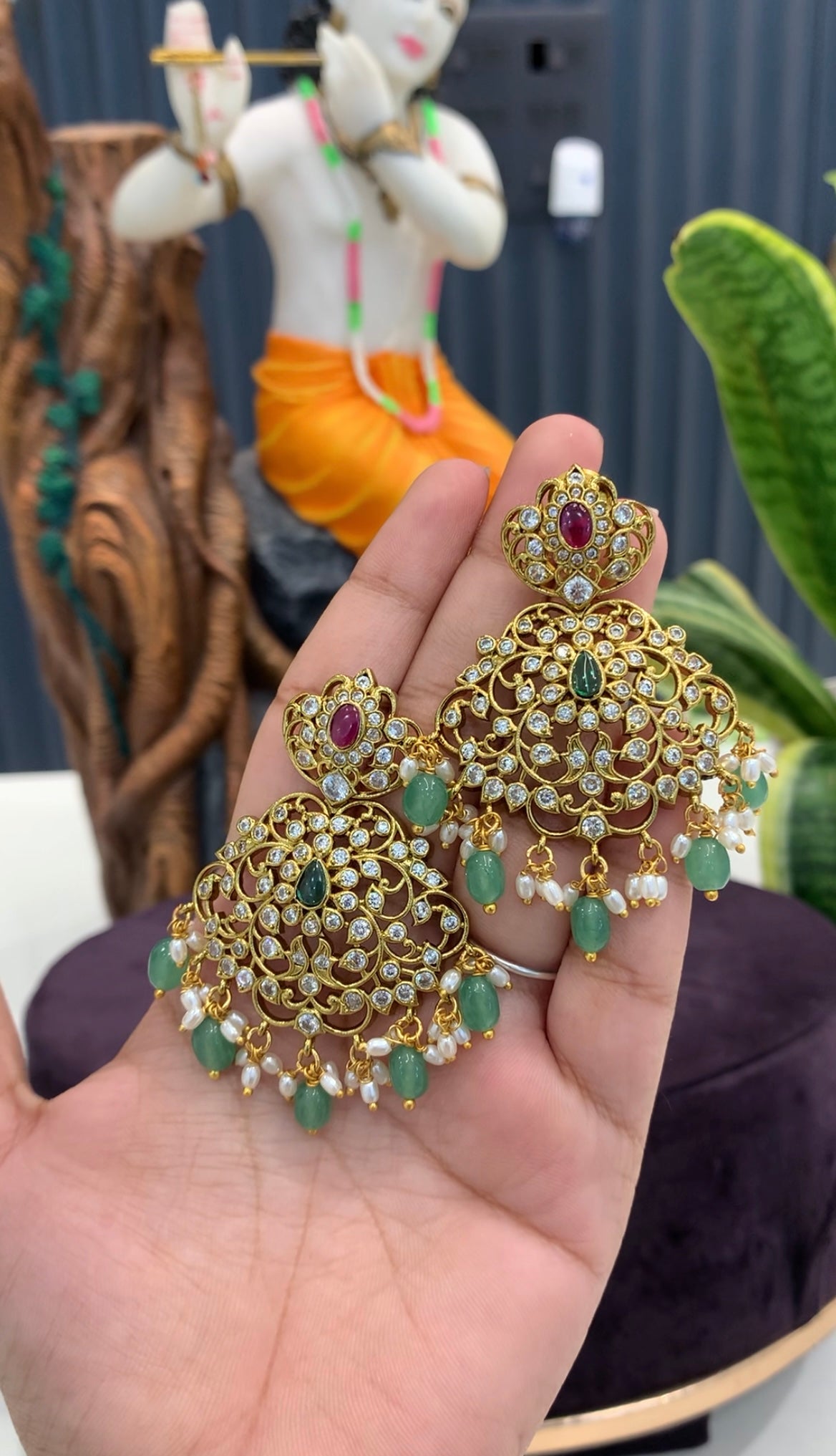 Beautiful uncut stone pushback ear hangings with aqua beads finishing