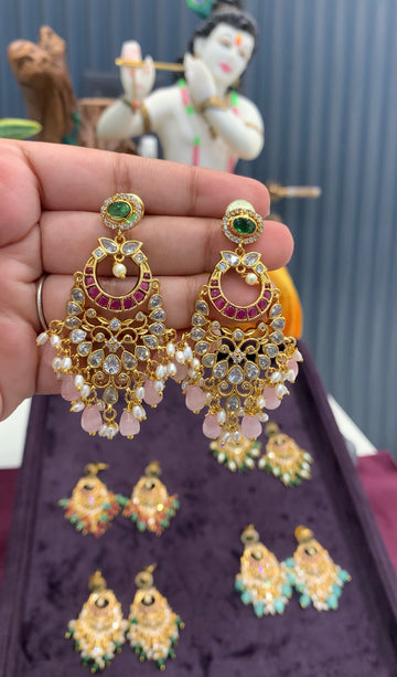Beautiful pota stone chandbali pushback ear hangings with pink beads finishing