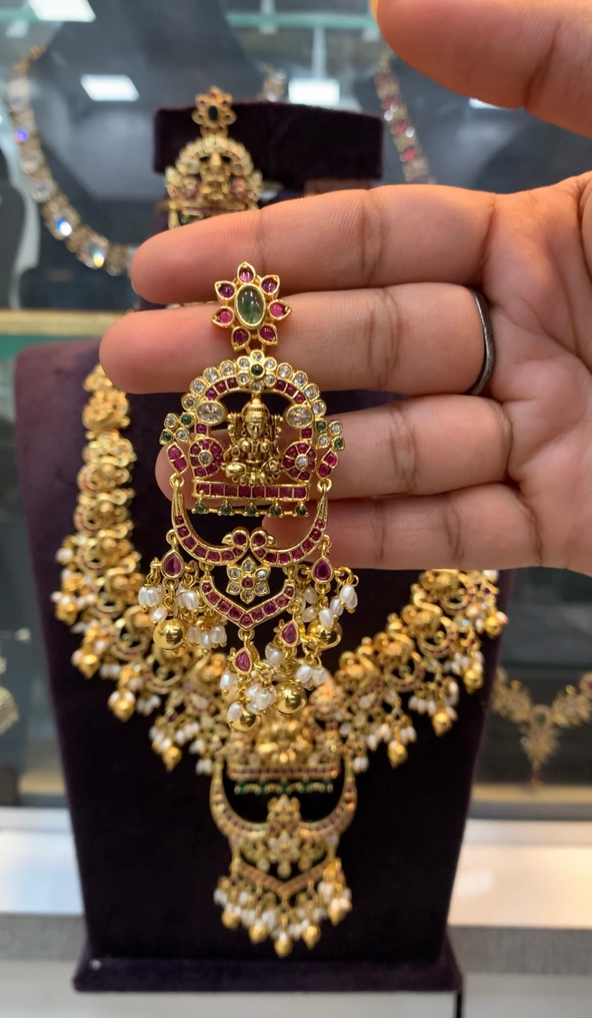 Beautiful pota stone Lakshmi devi & peacock design necklace with pushback earrings